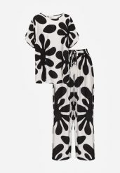 Czarny Komplet z Wiskozy Bluzka z Falbankami i Szerokie Spodnie w Liście Thalla. Czarne spodnie materiałowe damskie Born2be, bez wzorów, z materiału, eleganckie. Za 89.99 zł.