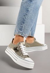 Zielone Trampki na Grubej Podeszwie z Metaliczną Wstawką Telarella. Zielone trampki i tenisówki damskie Born2be, bez wzorów, z jeansu. Za 84.99 zł.
