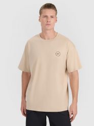 4F T-shirt oversize z nadrukiem męski - beżowy XL. Brązowe t-shirty męskie 4f, m, bez wzorów, z bawełny, bez kołnierzyka. Za 69.99 zł.