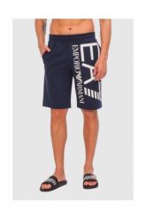 EA7 Granatowe bawełniane szorty z dużym logo. Niebieskie szorty męskie EA7 Emporio Armani, z bawełny, bez kołnierzyka. W wyprzedaży za 239.99 zł.