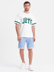 Spodenki męskie z tkaniny melanżowej LOOSE FIT - jasnoniebieskie V1 OM-SRSK-0116 - XXL. Niebieskie szorty męskie Ombre Clothing, z bawełny, bez kołnierzyka. W wyprzedaży za 39.99 zł.