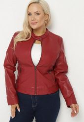 Bordowa Kurtka w Stylu Ramoneski Ozdobiona Paskiem na Nap Ziaira. Czerwone kurtki damskie Born2be, xl, bez wzorów, z jeansu, bez kaptura. Za 119.99 zł.