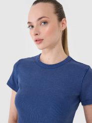4F T-shirt slim z prążkowanej dzianiny damski - granatowy XS. Niebieskie t-shirty damskie 4f, xs, bez wzorów, z bawełny, bez kołnierzyka. W wyprzedaży za 39.99 zł.