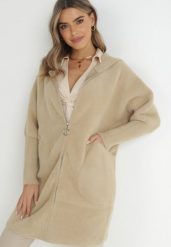 Beżowy Płaszcz Wełniany z Alpaką i Kapturem na Suwak Hetsatsa. Brązowe płaszcze damskie Born2be, bez wzorów, z tkaniny, biznesowe. Za 169.99 zł.