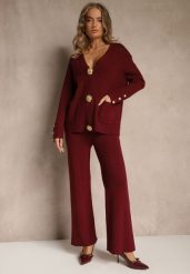 Bordowy Komplet z Dzianiny z Wiskozą Kardigan i Spodnie z Gumką Badrine. Czerwone spodnie materiałowe damskie Renee, z aplikacjami, z dzianiny, eleganckie. Za 189.99 zł.
