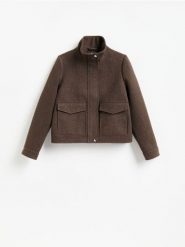 Kurtka z wysokim kołnierzem - ciemnobrązowy. Brązowe kurtki damskie Reserved, l, bez wzorów, z tkaniny, bez kaptura. Za 199.99 zł.