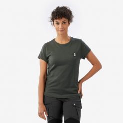 Koszulka trekkingowa damska z krótkim rękawem Merino. Zielone t-shirty damskie SIMOND, l, bez wzorów, z materiału, bez kołnierzyka. W wyprzedaży za 129.99 zł.