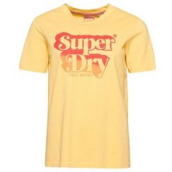 Koszulka turystyczna damska Superdry Vintage Shadow. Żółte bluzki sportowe damskie Superdry., z bawełny, bez kołnierzyka, bez ramiączek. W wyprzedaży za 91.00 zł.