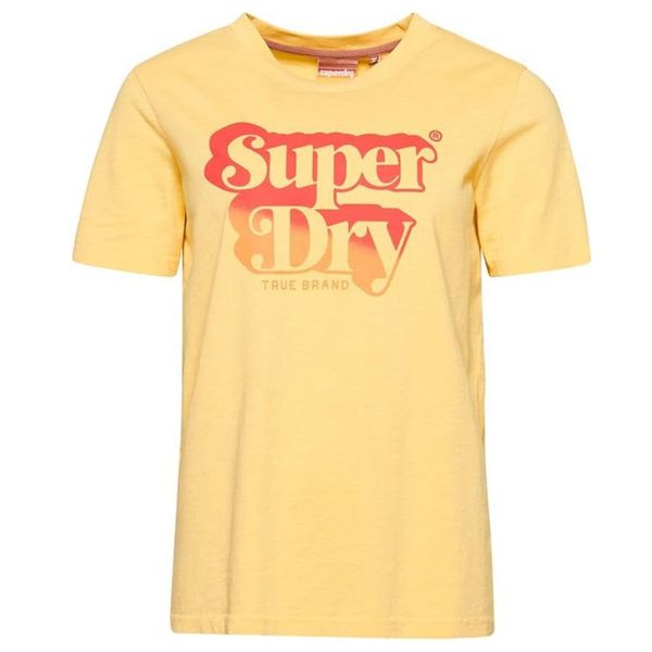 Koszulka turystyczna damska Superdry Vintage Shadow. Żółte bluzki sportowe damskie Superdry., z bawełny, bez kołnierzyka, bez ramiączek. W wyprzedaży za 91.00 zł.