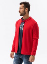 Bluza męska rozpinana ze stójką - czerwona V6 OM-SSZP-22FW-005 - XL. Czerwone bluzy bez kaptura męskie Ombre Clothing, m, z bawełny. W wyprzedaży za 59.99 zł.