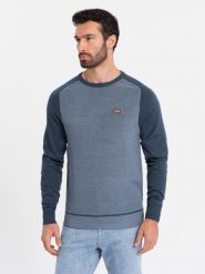 Bawełniany męski sweter z naszywką i raglanowymi rękawami – granatowy V1 OM-SWSW-0121 - XXL. Niebieskie swetry męskie Ombre Clothing, l, z aplikacjami, z bawełny, bez kołnierzyka. Za 125.99 zł.