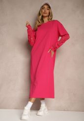Fuksjowa Sukienka z Bawełny o Kroju Typu T-shirt z Koronką i Rozcięciami Tanisla. Czerwone sukienki damskie Renee, na co dzień, bez wzorów, z bawełny, eleganckie, bez kołnierzyka, bez ramiączek, midi, proste. W wyprzedaży za 62.99 zł.