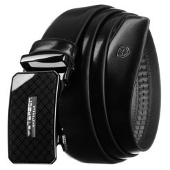 Pasek męski w czarnym kolorze wykonany ze skóry naturalnej z automatyczną klamrą - Peterson. Czarne paski męskie Peterson, bez wzorów, ze skóry. Za 129.00 zł.