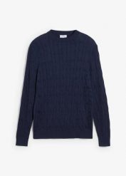Sweter we wzór w warkocze z czystej bawełny organicznej nadającej się do recyklingu. Niebieskie swetry męskie bonprix, m, bez wzorów, z bawełny, bez kołnierzyka. Za 129.99 zł.