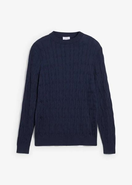Sweter we wzór w warkocze z czystej bawełny organicznej nadającej się do recyklingu. Niebieskie swetry męskie bonprix, m, bez wzorów, z bawełny, bez kołnierzyka. Za 129.99 zł.