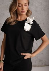 Czarno-Biały Bawełniany T-shirt o Klasycznym Kroju z Kwiatowymi Aplikacjami 3D Morgane. Czarne t-shirty damskie Renee, l, z aplikacjami, z bawełny, bez kołnierzyka. Za 69.99 zł.
