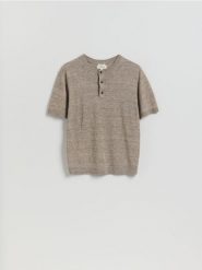 Sweter z krótkim rękawem z lnu - beżowy. Brązowe swetry męskie Reserved, l, bez wzorów, z dzianiny, bez kołnierzyka. Za 179.99 zł.