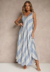 Niebieska Rozkloszowana Sukienka z Geometrycznym Wzorem Lumire. Niebieskie sukienki damskie Renee, na spotkanie biznesowe, xl, z aplikacjami, eleganckie, bez kołnierzyka, bez ramiączek, maxi, rozkloszowane. W wyprzedaży za 52.49 zł.