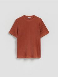 Strukturalny t-shirt regular fit - bordowy. Czerwone t-shirty męskie Reserved, l, bez wzorów, z dzianiny, bez kołnierzyka. Za 79.99 zł.