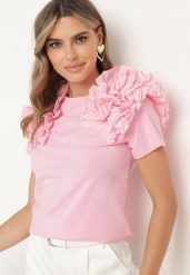 Różowy Bawełniany T-shirt Koszulka z Krótkim Rękawem Ozdobiona Aplikacją z Falbankami Aristine. Czerwone bluzki damskie Born2be, l, z aplikacjami, z bawełny, klasyczne, bez kołnierzyka, bez ramiączek. Za 84.99 zł.