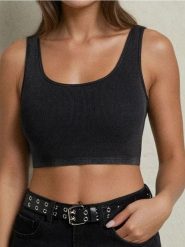 Bawełniany crop top w prążek - szary. Szare topy sportowe damskie Sinsay, l, bez wzorów, z bawełny, bez ramiączek. W wyprzedaży za 11.99 zł.