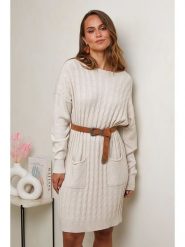 Soft Cashmere Sukienka dzianinowa w kolorze kremowym rozmiar: 38/40. Brązowe sukienki damskie Soft Cashmere, na co dzień, bez wzorów, z dzianiny, klasyczne, bez kołnierzyka, bez ramiączek, mini, proste. Za 100.28 zł.
