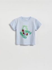 T-shirt z aplikacją - jasnoniebieski. Niebieskie koszulki dziewczęce Reserved, m, z aplikacjami, z bawełny, bez ramiączek. Za 29.99 zł.