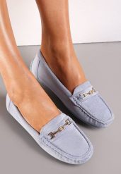 Jasnoniebieskie Mokasyny z Cholewką przed Kostkę z Przeszyciami i Ozdobnym Paskiem Alydora. Niebieskie mokasyny damskie Renee. Za 69.99 zł.