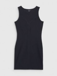 4F Sukienka mini z prążkowanej dzianiny damska - czarna M. Czarne sukienki damskie 4f, na co dzień, m, bez wzorów, z dzianiny, eleganckie, bez kołnierzyka, bez ramiączek, maxi, dopasowane. Za 129.99 zł.