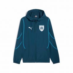 Kurtka Prematch OM 2024/25. Niebieskie kurtki treningowe męskie Puma, l, bez wzorów, z materiału, na fitness i siłownię. Za 266.59 zł.