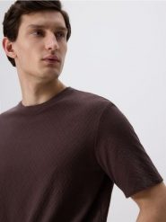 Strukturalny t-shirt regular - ciemnobrązowy. Brązowe t-shirty męskie Reserved, l, bez wzorów, z bawełny, bez kołnierzyka. W wyprzedaży za 39.99 zł.