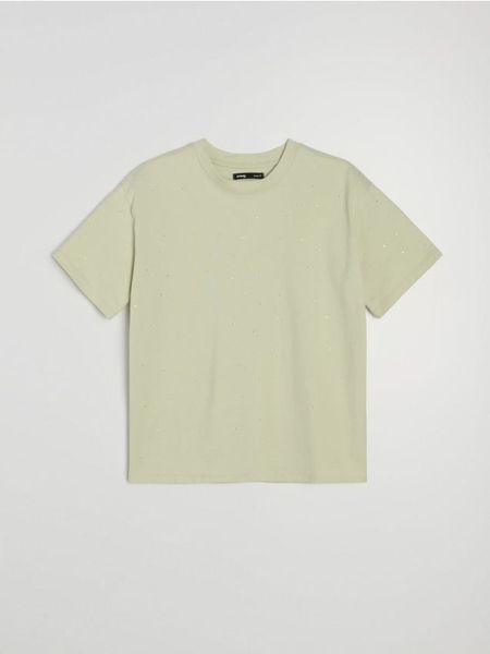 Bawełniana koszulka z cyrkoniami - zielony. Zielone t-shirty damskie Sinsay, l, bez wzorów, z bawełny, bez kołnierzyka. W wyprzedaży za 13.99 zł.