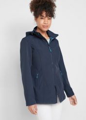 Kurtka softshell ze stretchem, odpychająca wodę. Niebieskie kurtki softshell damskie bonprix, bez wzorów, z softshellu, z kapturem. Za 249.99 zł.