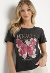 Czarny Bawełniany T-shirt z Metalicznym Napisem i Motylem Zarevalia. Czarne t-shirty damskie Born2be, l, bez wzorów, z bawełny, bez kołnierzyka. Za 39.99 zł.