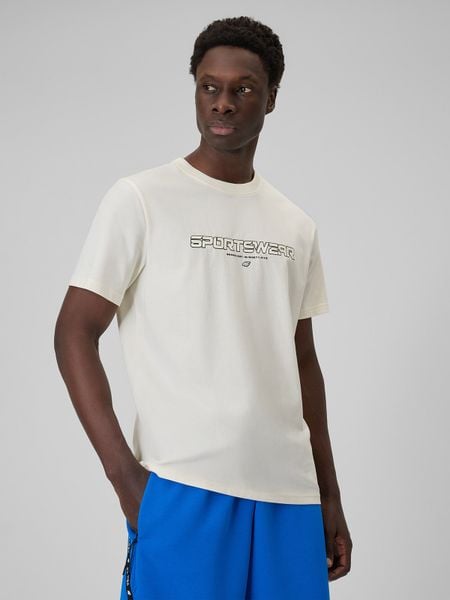 4F T-shirt regular z nadrukiem męski - beżowy L. Brązowe t-shirty męskie 4f, l, bez wzorów, z bawełny, bez kołnierzyka. Za 69.99 zł.