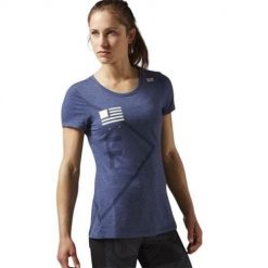 Koszulka treningowa damska Reebok AP9642. Niebieskie t-shirty damskie Reebok, l, bez wzorów, z materiału, bez kołnierzyka. Za 175.00 zł.