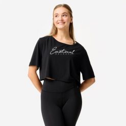 Koszulka do tańca modern jazz damska Domyos crop top. Czarne bluzki damskie DOMYOS, m, bez wzorów, z elastanu, eleganckie, bez kołnierzyka, bez ramiączek. Za 69.99 zł.