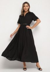 Czarna Wiskozowa Sukienka z Lnem o Rozkloszowanym Kroju z Paskiem z Klamerką Linalin. Czarne sukienki damskie Born2be, na co dzień, l, bez wzorów, z wiskozy, eleganckie, bez kołnierzyka, bez ramiączek, maxi, rozkloszowane. W wyprzedaży za 127.99 zł.