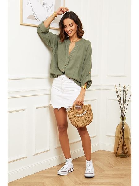 Le Monde du Lin Lniana bluzka "Barcelona" w kolorze oliwkowym rozmiar: 36/38. Brązowe bluzki damskie Le Monde du Lin, bez wzorów, z koronki, klasyczne, bez kołnierzyka, bez ramiączek. Za 140.86 zł.