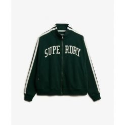 Kurtka dresowa z zamkiem błyskawicznym z aplikacją dla kobiet Superdry Athletic. Zielone kurtki damskie Superdry., z aplikacjami, z dresówki, bez kaptura. Za 386.90 zł.