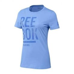 Koszulka sportowa damska Reebok BK6626. Niebieskie bluzki sportowe damskie Reebok, l, z dresówki, bez kołnierzyka, bez ramiączek. Za 118.00 zł.