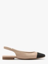 Beżowe baleriny typu slingback z czarnym noskiem. Brązowe baleriny damskie Ryłko, bez wzorów, z gumy, bez obcasa, na płaskiej podeszwie. W wyprzedaży za 229.99 zł.
