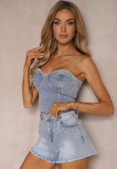 Niebieskie Jeansowe Szorty High Waist Hindia. Niebieskie szorty damskie Renee, bez wzorów, z jeansu, eleganckie, z podwyższonym stanem. Za 59.99 zł.