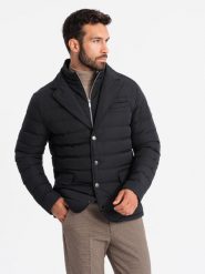 Męska pikowana kurtka o kroju marynarki – czarna V3 OM-JALP-0188 - XXL. Czarne kurtki męskie Ombre Clothing, z aplikacjami, z gumy. W wyprzedaży za 169.99 zł.
