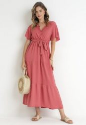 Ciemnoróżowa Sukienka Maxi z Gumką w Talii i Materiałowym Paskiem Kiriane. Czerwone sukienki damskie Born2be, na lato, m, bez wzorów, z materiału, bez kołnierzyka, plus size, bez ramiączek, maxi. Za 59.99 zł.
