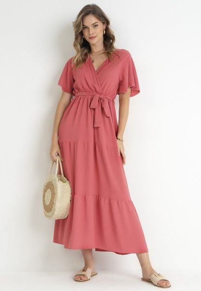 Ciemnoróżowa Sukienka Maxi z Gumką w Talii i Materiałowym Paskiem Kiriane. Czerwone sukienki damskie Born2be, na lato, m, bez wzorów, z materiału, bez kołnierzyka, plus size, bez ramiączek, maxi. Za 59.99 zł.