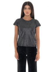 Leone 1947 Damen-T-Shirt ze złotymi Nieten und kurzen Ęrmeln aus Lurex. Czarne t-shirty damskie LEONE 1947 APPAREL, s, bez wzorów, z tkaniny, bez kołnierzyka. Za 235.76 zł.