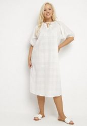 Biała Bawełniana Sukienka Oversize z Wiązaniem pod Szyją Tolanea. Białe sukienki damskie Born2be, l, bez wzorów, z bawełny, bez kołnierzyka, bez ramiączek, midi, oversize. Za 89.99 zł.