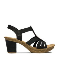 Sandały Rieker. Czarne sandały damskie Rieker, bez wzorów, bez obcasa, na słupku. Za 319.99 zł.