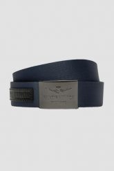 AERONAUTICA MILITARE Granatowy pasek męski Webbing Belt With Leather Detail. Niebieskie paski męskie AERONAUTICA MILITARE, bez wzorów. W wyprzedaży za 169.99 zł.